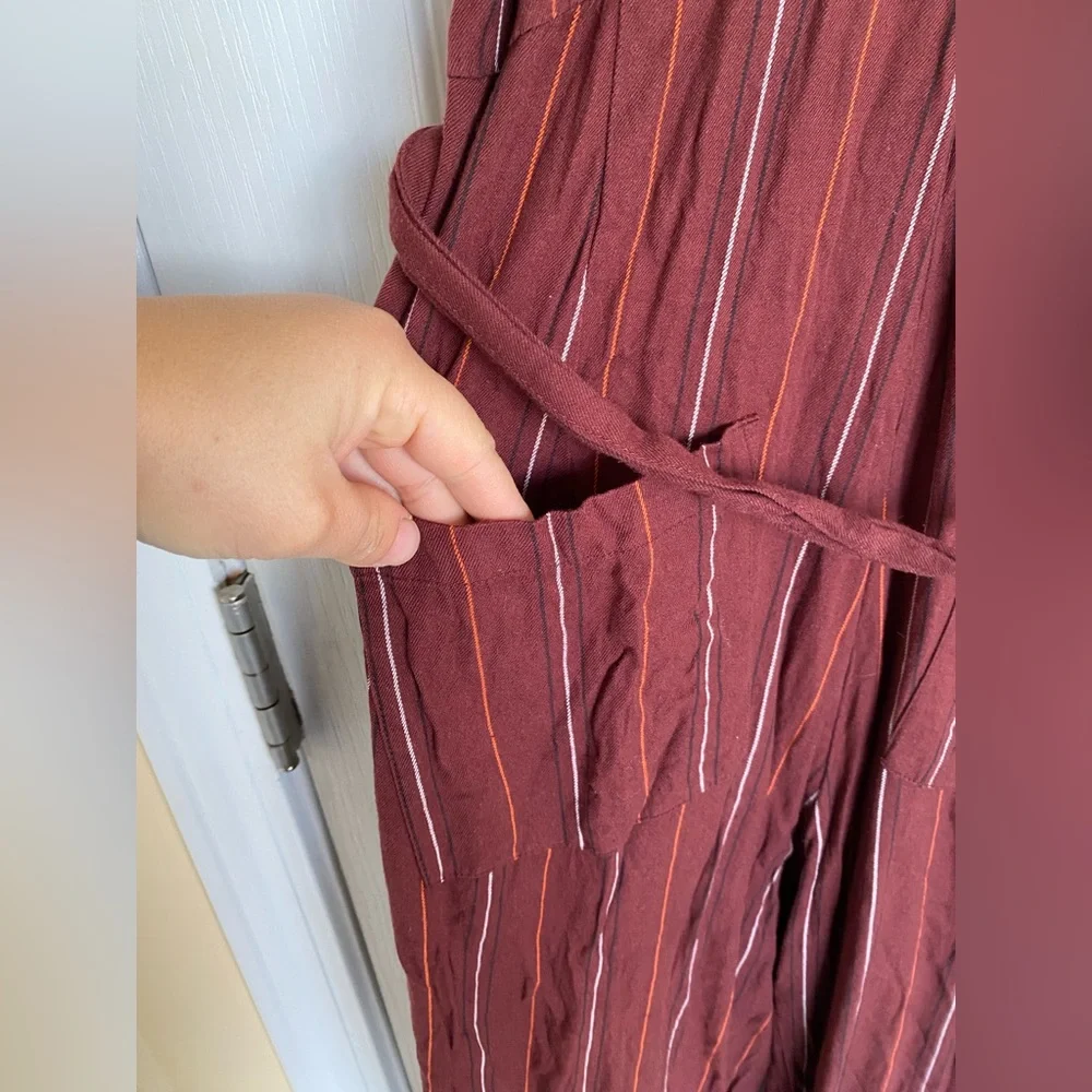 BILLABONG Bella Day Burgundy Multi Striped Culotte Jumpsuit Overalls Size Large